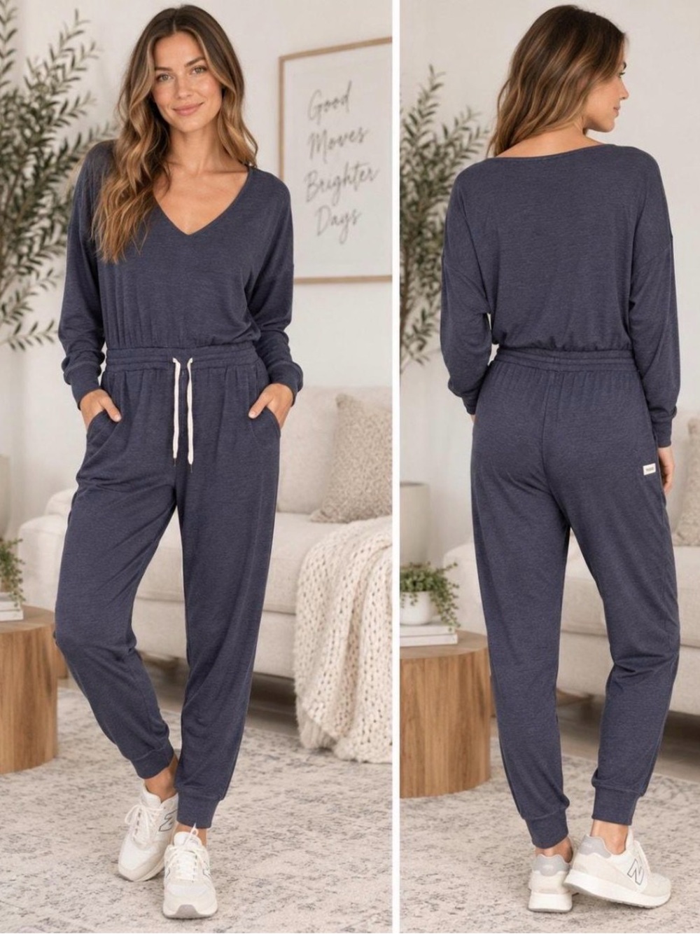 Vuori Lux V-Neck Long-Sleeve Jumpsuit Midnight Casual Relaxed Fit Jogger Pant